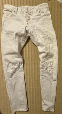 kmriiケムリ ストレッチホワイトデニムダメージサルエルパンツ レザー
