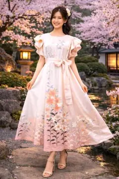 新作‼️着物リメイクワンピース正絹ウエストリボン付き着丈128センチ身幅60