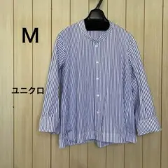 ユニクロ+J バンドカラーシャツ　青ストライプ　Ｍサイズ