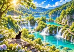 アートポスター 猫 プリトヴィツェ湖群 風景画 インテリア