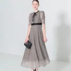 LEJA】ウエストマークパフスリーブ総レースロングドレスワンピース M