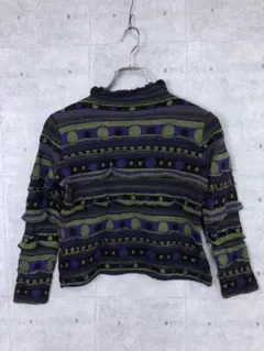 日本製 古着 キュプラ混紡フリルジャガード ボーダー ニット コンパクトトップス