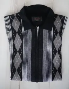 BEAMS ビームス 半袖ジップシャツ L ブラック×ホワイト アーガイル柄