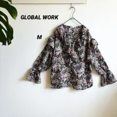 【美品】グローバルワーク 花柄 フリル ラッフルブラウス 長袖 Mサイズ 黒のサムネイル