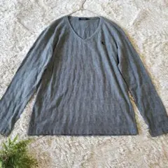 バーバリーブラックレーベル Vネックニットカットソー ロゴ刺繍 薄手 グレー