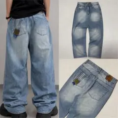 90s AKADEMIKS ウォッシュ フェード デニム バギーパンツ レザーのサムネイル