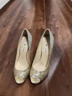 DIANA ゴールド グリッター オープントゥ ハイヒール