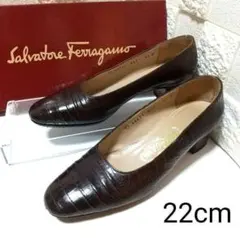 良品✨　フェラガモ 22cm ブラウン レザー　クロコ型押し　太ヒール