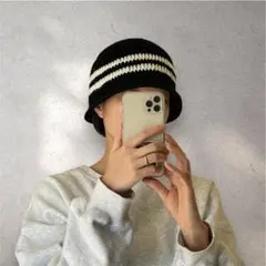 クラッシャーハット　クロシェハット　ビーニー　バケットハット　ハンドメイド　黒