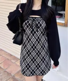 INGNI デコルテオープンチェック柄切替ニットワンピース ブラック M