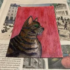 緑の目を持つ猫　アクリル＋ボールペン
