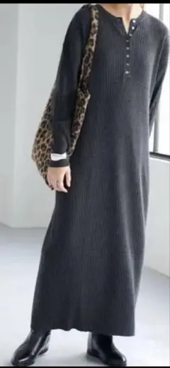 スピック＆スパン 今期 ヘンリーネックリブニットワンピース　グレー