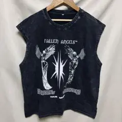 メンズ　タンクトップ　ノースリーブ　バンドプリント　カットオフ