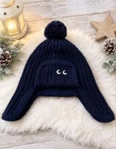 ANYA HINDMARCH ニット帽 ネイビー ポンポン付きS/M