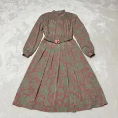 【訳あり】レトロワンピース　スモッキング　共ベルト　花柄　ペイズリー柄　ピンク緑