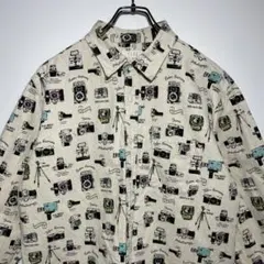 CIAO　チャオ　総柄シャツ　サイズL　カメラ　ポケット　麻x綿　おしゃれ　古着