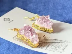 アメジスト クラスター 鉱石 ピアス 幻想的 揺れる ゴールド ステンレス