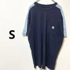 ユニセックス バイカラーTシャツ ネイビー　胸ポケ【S】ゆったり 古着