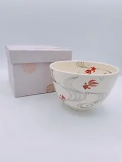 E015【新品・未使用】茶盌 色絵 白萩 掛分 加藤永山 紙箱 茶道具