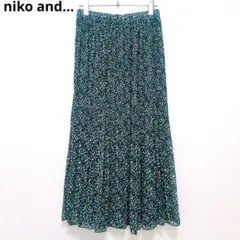 ニコアンド プリーツスカート 総柄 ミモレ丈 グリーン フレア ウエストゴム