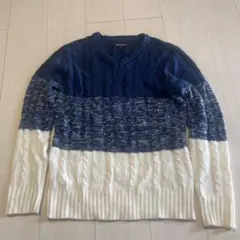 ネイビー・ホワイト ケーブルニットセーター L