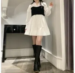 CELFORD バイカラー ウエスト切替 ワンピース ホワイト×ブラック 長袖