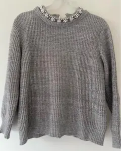 【美品】ワールド /クローラ　ビジュー付きグレー ニット長袖 (襟取外し可)