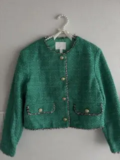 H&M グリーン ツイード ノーカラージャケット