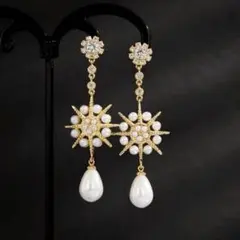 ◆インポートピアス◆ラスト1点特価◆フラワービジュー×ドロップパールピアス