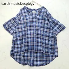 アースミュージック&エコロジー 半袖ブラウス チュニック チェック柄 ネイビーのサムネイル