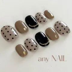 【サイズ変更無料】ネイルチップセット＊ブラウンブラックドット＊No.148