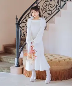 WILLSELECTION 肩リボンケーブルニットワンピース　ホワイト