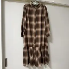 【美品】ブラウン チェック柄 ロング　シャツワンピース