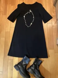 ブラックニットワンピース 七分袖 編み込み模様