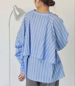 ティティベイト ストライプ ブラウス 長袖 バックフリル バンドカラー シャツ