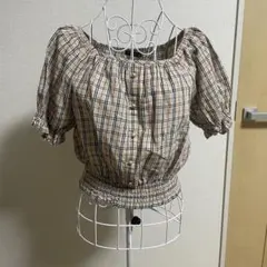 ゴージ　チェック柄 半袖ブラウス　フリル　着回し　レトロ　オフショル　1235のサムネイル