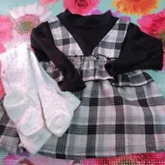 黒タートルネック チェックチュニック 80cm タイツ７５cm