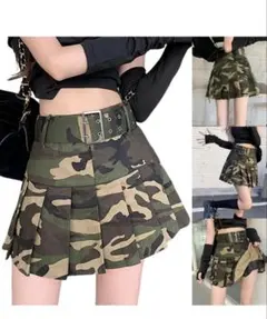 迷彩柄プリーツミニスカート ベルト付き