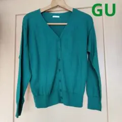 ジーユー UVカット ウオッシャブル Vネックカーディガン 綿混 ダークグリーン