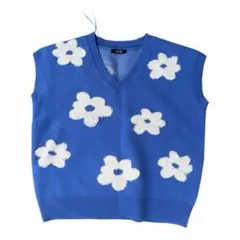 レディース M ニットベスト青 ブルー 花柄