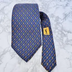 【極美品】イヴサンローラン ネクタイ シルク 幾何学模様 YSL ネイビー 総柄
