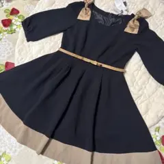 お値下げ♥︎︎タグ付き未使用♥︎︎リボン付き黒フレアワンピース♥︎︎七分袖