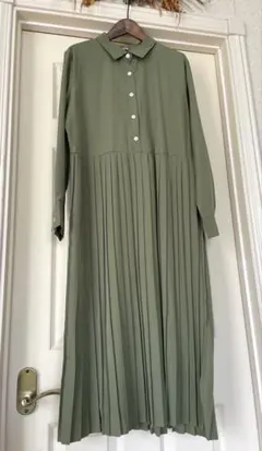 【No.8003】プリーツスカートシャツワンピース グリーン