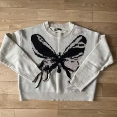 蝶刺繍クリーム色クロップドニットセーター