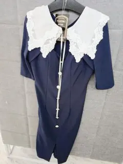 【rinfarre】リンファーレ韓国製　ネイビー レース襟 半袖ワンピースドレス