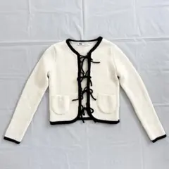 ZARA ホワイト ブラック リボンニットカーディガン トップス