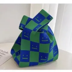 セール中！ニットトートバッグ スマイル柄 チェッカー柄 グリーン ブルー ミニ