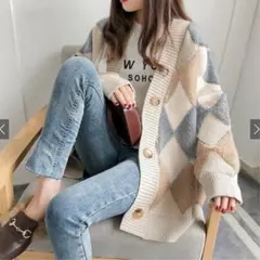 GRL／グレイル／ダイヤ柄Vネックニットカーディガン[kz142]