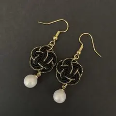 水引ピアス 黒×ゴールド 梅結び×菜の花結び ハンドメイドアクセサリー
