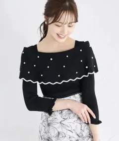 パールビジュー付き配色オフショルニットプルオーバー　ブラック　タグ付き